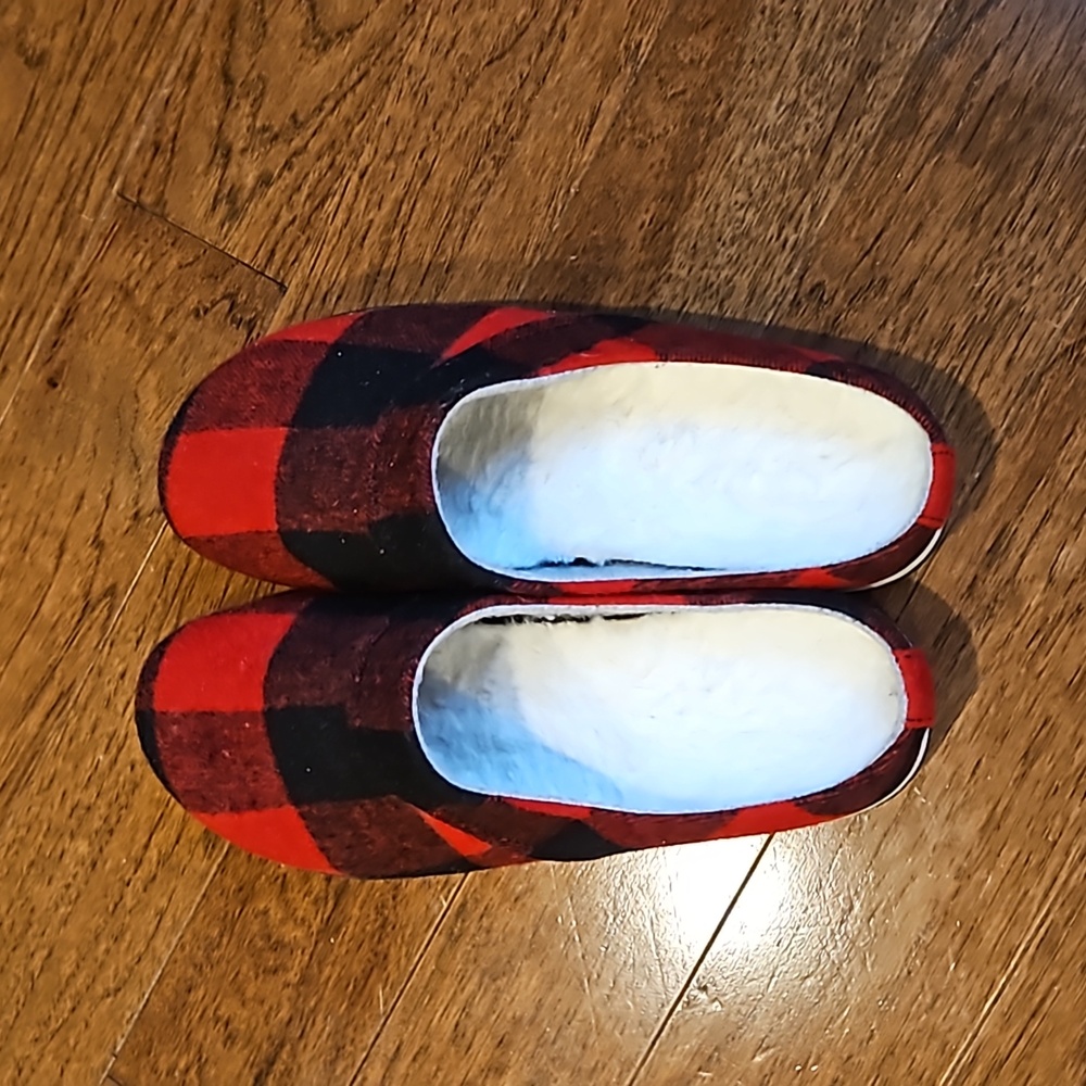 Merrell Juno red Buffalo plaid wool blend clog faux fur lined size 8